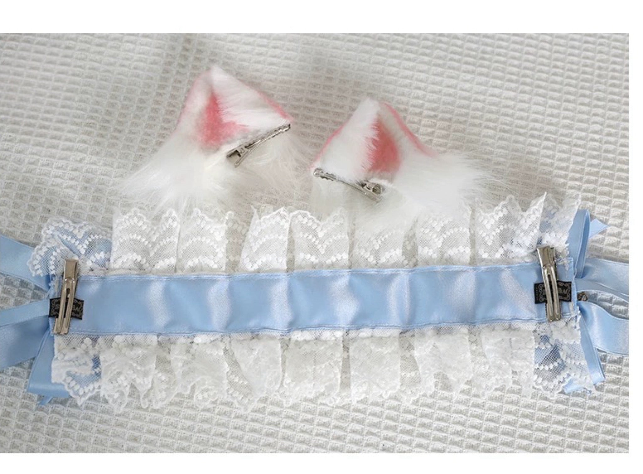 Removable Cat Ear Lolita Lace Headband with Bows & Clips Detachable Animal Ears Headdress for Girls